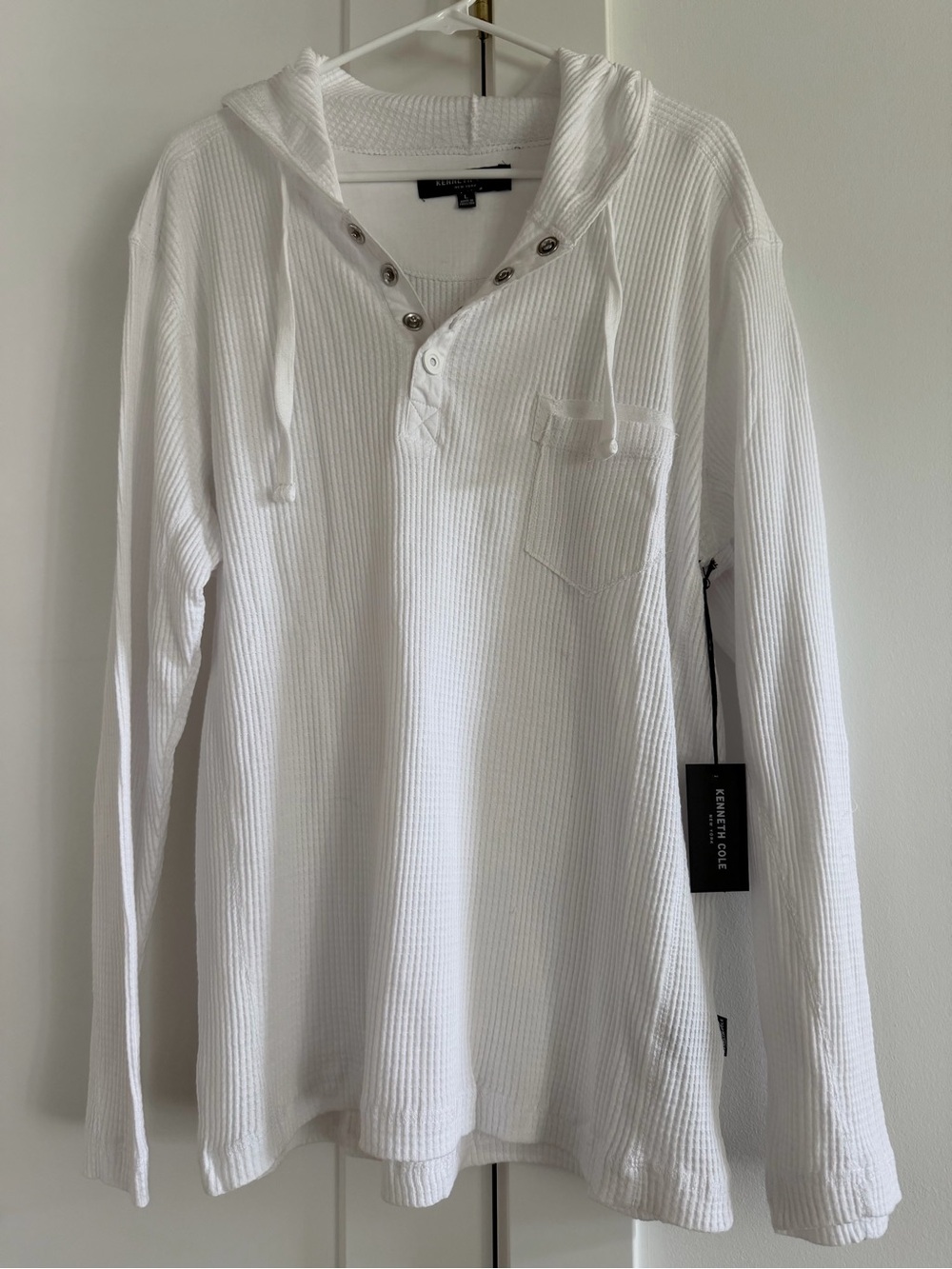 Kenneth Cole Cotton NWT Men's White Waffle Knit Henley Hoodie or Swim Cover Up